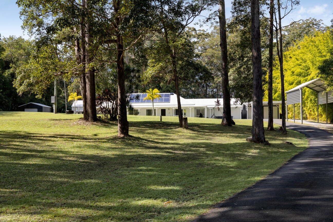 The 100-metre sealed driveway winding through the gums