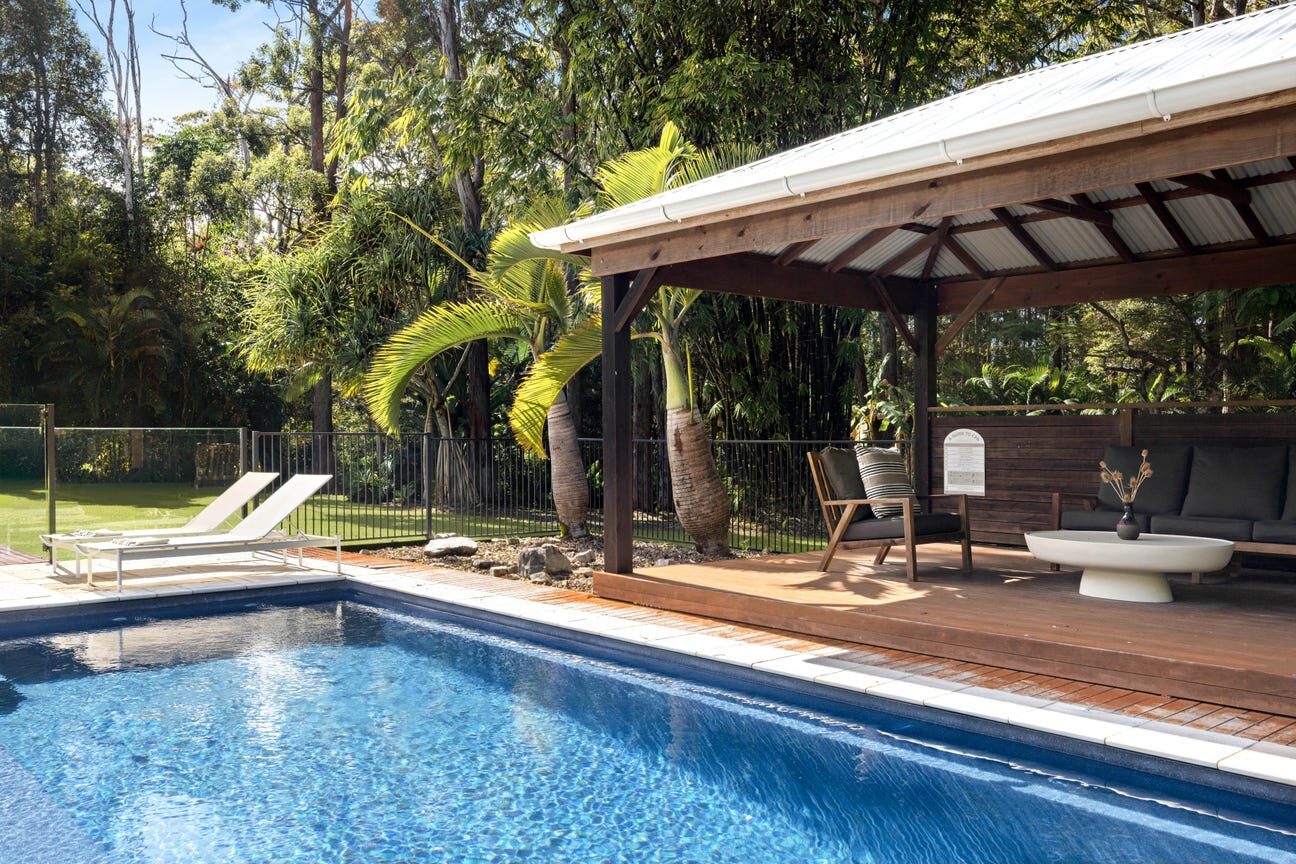 Saltwater pool and shaded poolside pavilion